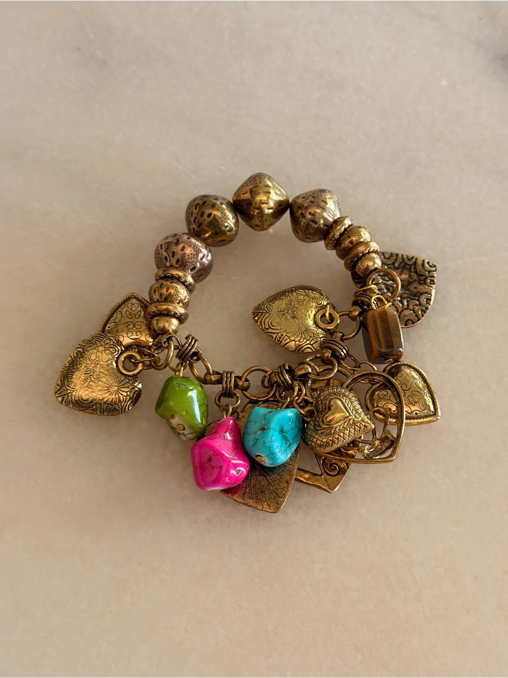 Boho Heart Charm Stretch Bracelet with Pink, Turquoise, and Green Beads
